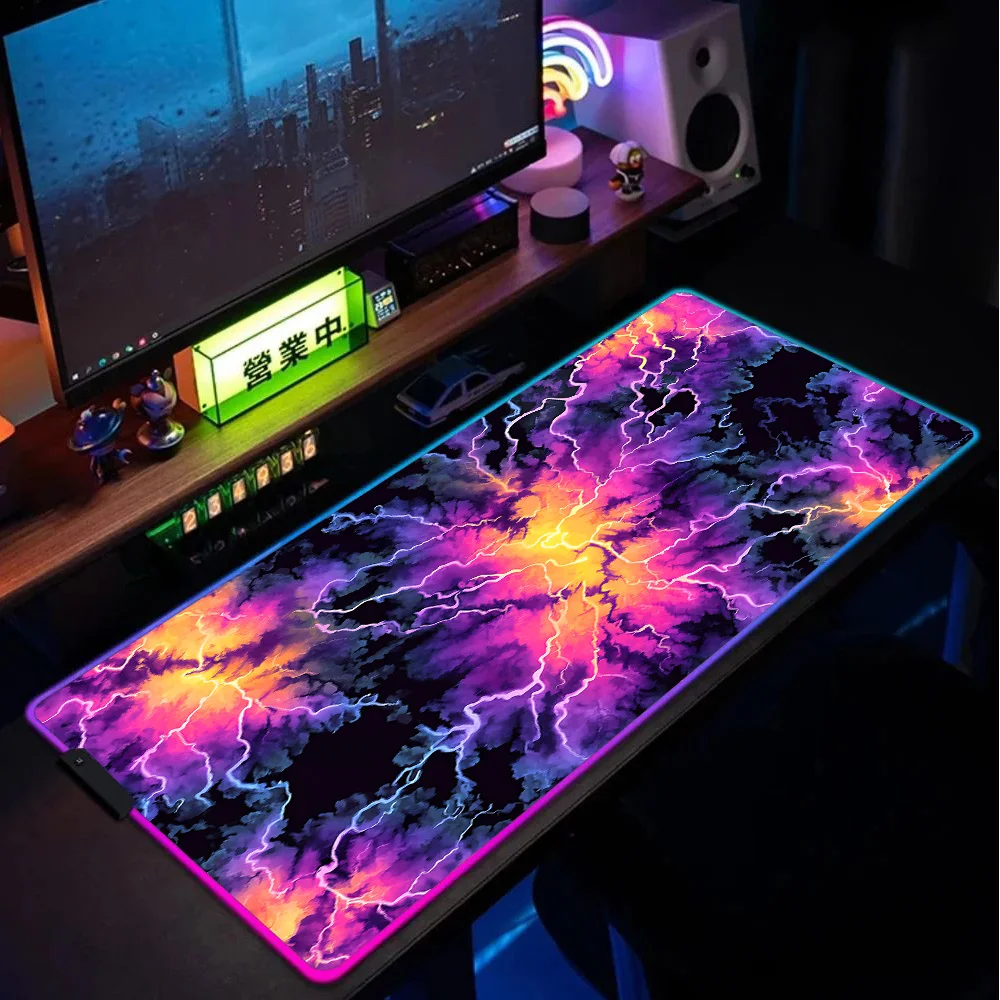 RGB Mouse Pad Gaming Desk Accessories Abstract Lightning and Nebula Images Back Light PC Gamer Cabinet Deskmat Led Mousepad