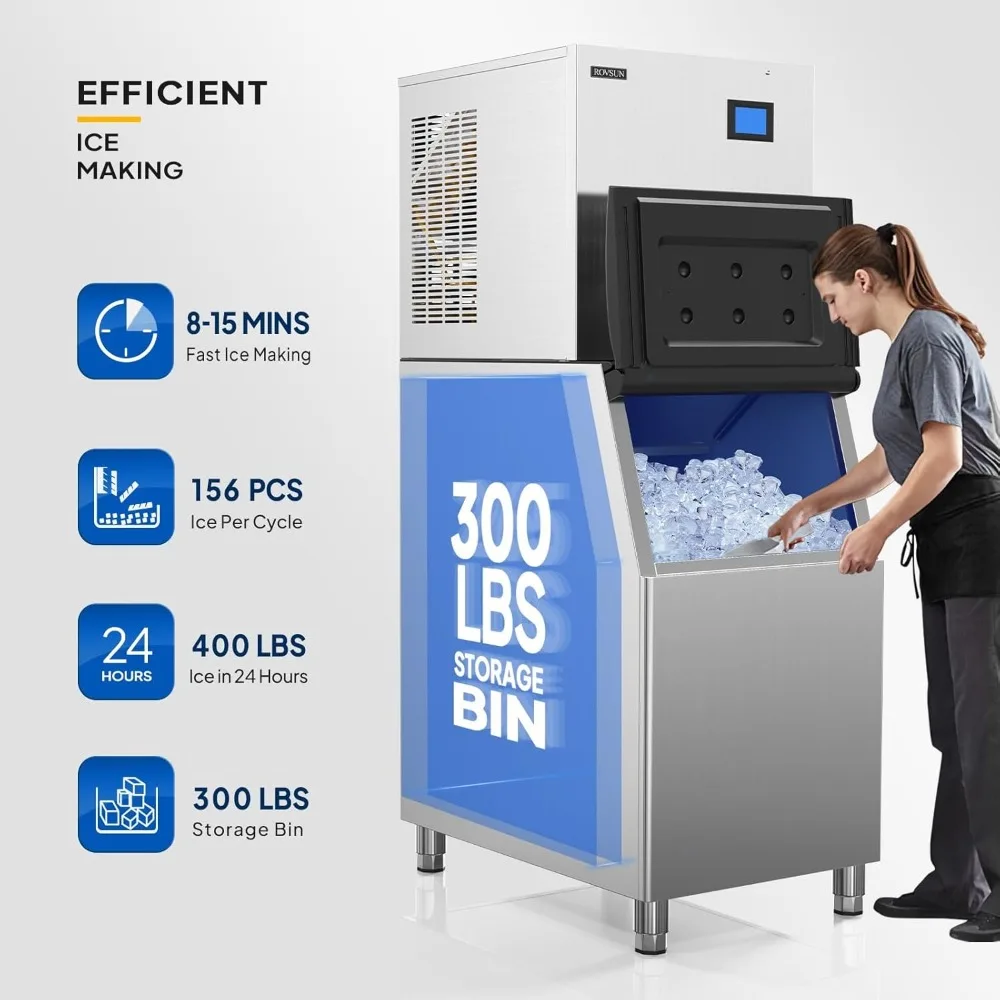 400 pound/24-hour intelligent LCD panel commercial ice machine with 300 pound storage space, suitable for restaurants, bars, etc