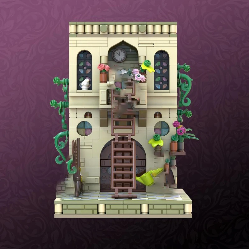 도시 거리 풍경 모크 빌딩 블록 사랑의 사다리 - 중세 벽돌 모델 DIY 조립 건설 장난감 휴일 선물