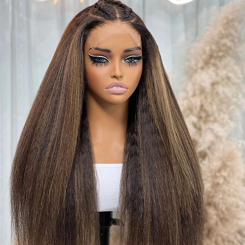 

26“Long Ombre Highlight Brown Color Soft Kinky straight 180Density Lace Front Wig Synthetic High Temperature Glueless Daily
