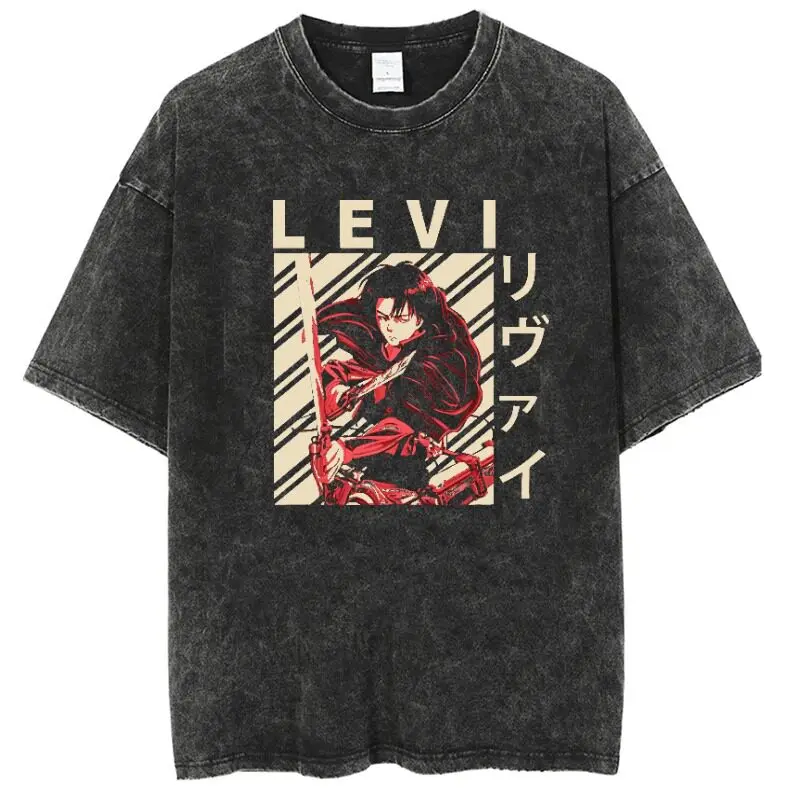 Attack on Titan Levi Ackerman Bedrucktes T-Shirt für Herren und Damen, gewaschenes T-Shirt, hochwertiges Vintage-Baumwoll-T-Shirt, Harajuku-Tops