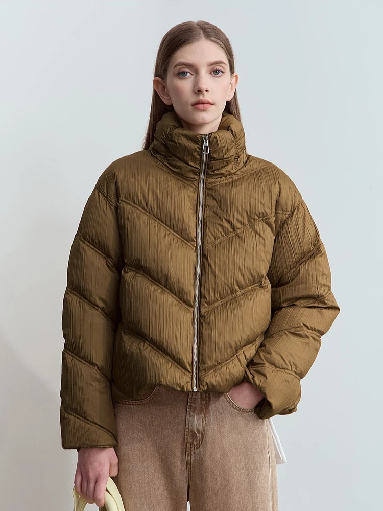 AMII Minimalistická streetwear péřová bunda pro ženy, zimní 2025, ležérní stojáček, skládaný, s výšivkou a písmeny, dámské kabáty 12444042 - náhled 6