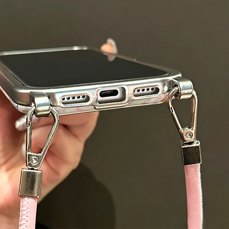 Pink Floral Faux Leather Texture Card Holder Phone Case with Crossbody Lanyard for iPhone 16, 15, 14, 13, 12, 11 Pro Max view 5