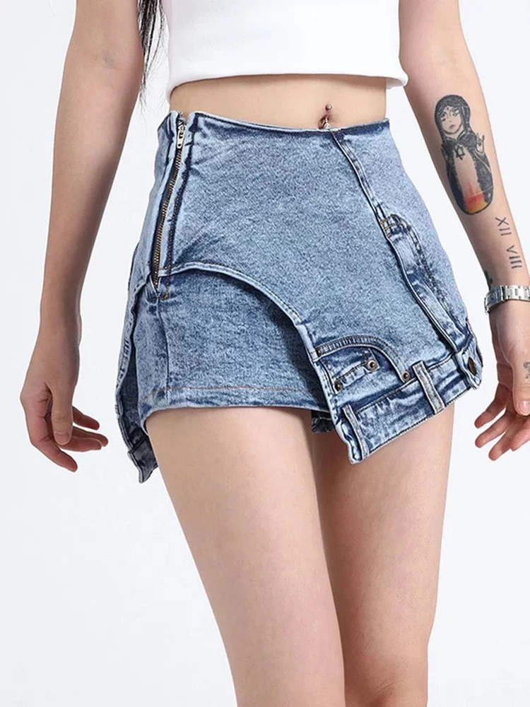 TWOTWINSTYLE Patchwork Pocket Irregular Chic Denim Shorts For Women High Waist Spliced Zipper Designer Short Pants Female New