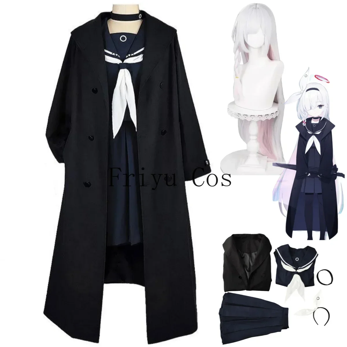 

Anime Game Blue Archive Planetarium Cosplay Costume Wig Black Trench Coat JK Uniform Skirt Woman Sexy Kawaii Party Sailor Suit