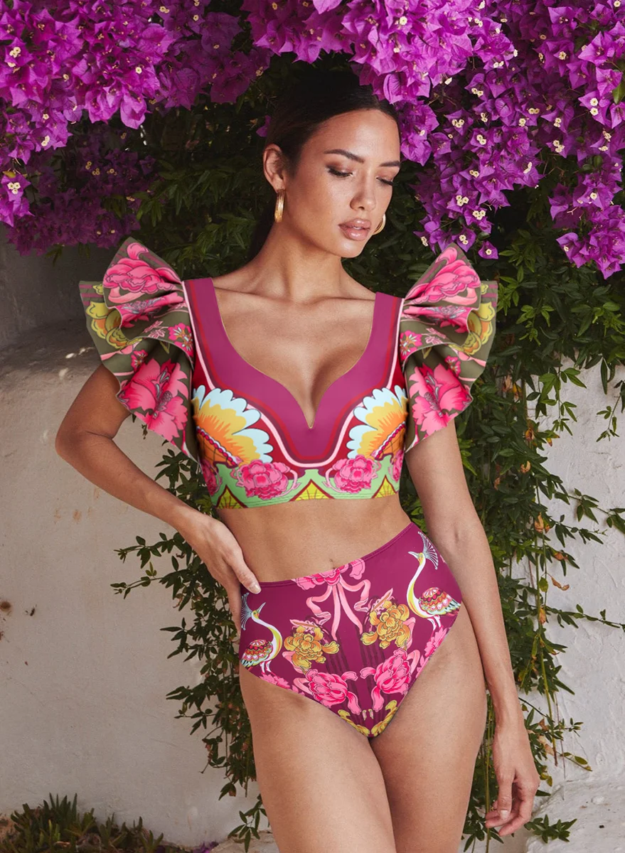 2024 Deep V Neck Printed Swimsuit and Pants two-piece Swimwear Ruffle Bikini Beachwear Bathing Suit beach dress wholesale