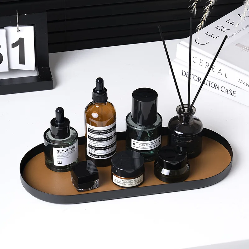 

New wrought iron entrance aromatherapy oval storage tray desktop cosmetics storage tray wrought iron leather decorative tray