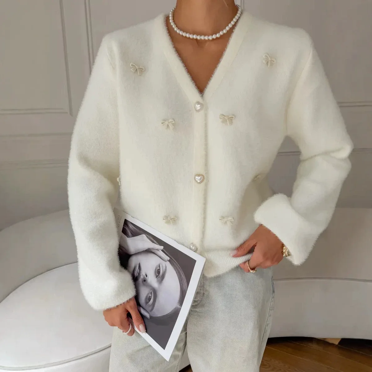 Soft Fuzzy Knit Cardigan Bow Decor Button Down V Neck Long Sleeve Loose Fit Cozy Warm Autumn Winter Commute Daily Outerwear Coat