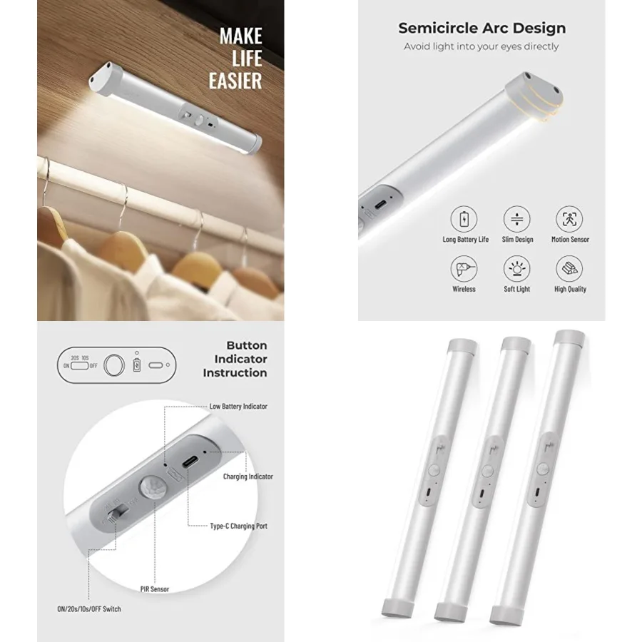 

Automatic Motion Sensor Closet Lights with Eye-Protection Design, LED Beads for Under Cabinet Wireless Lighting, Rechargeable N