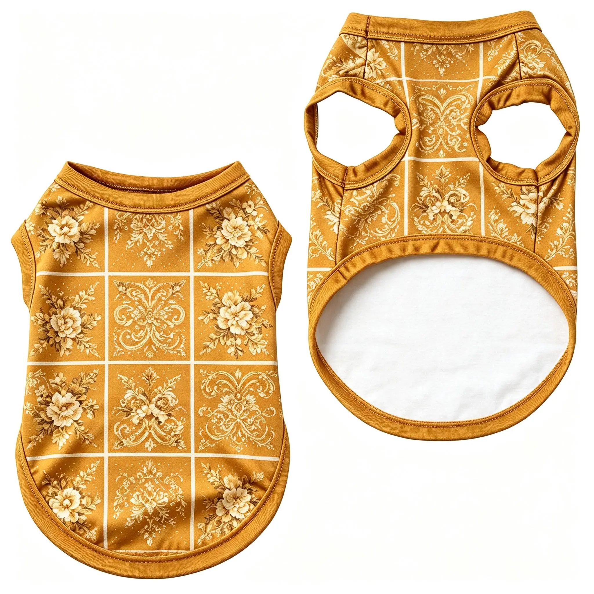 Chaleco para perros, color amarillo mostaza, con estampado floral y diseño de azulejos, camisa ligera sin mangas para perros pequeños y medianos, estilo bohemio vintage, ideal para el uso diario.