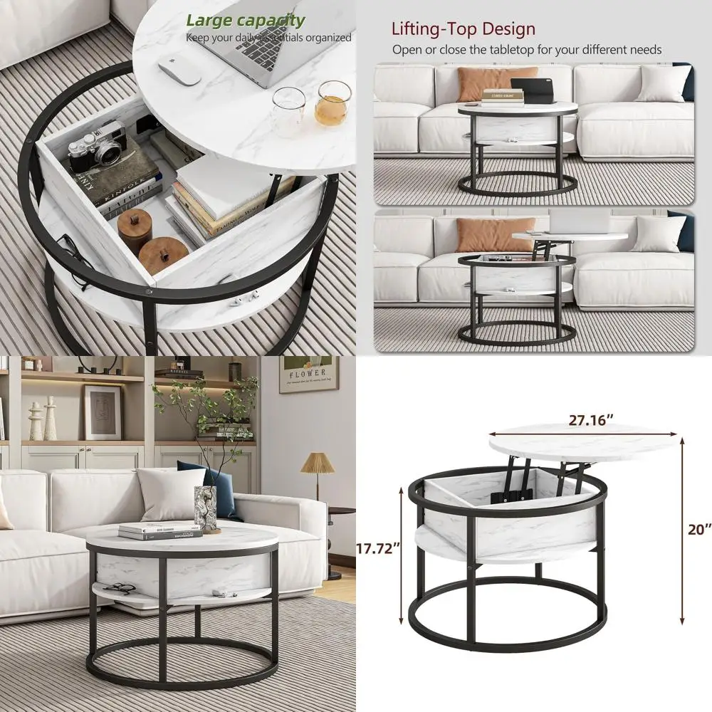 

White Farmhouse Style 2-Tier Round Coffee Table with Storage and Lift Top