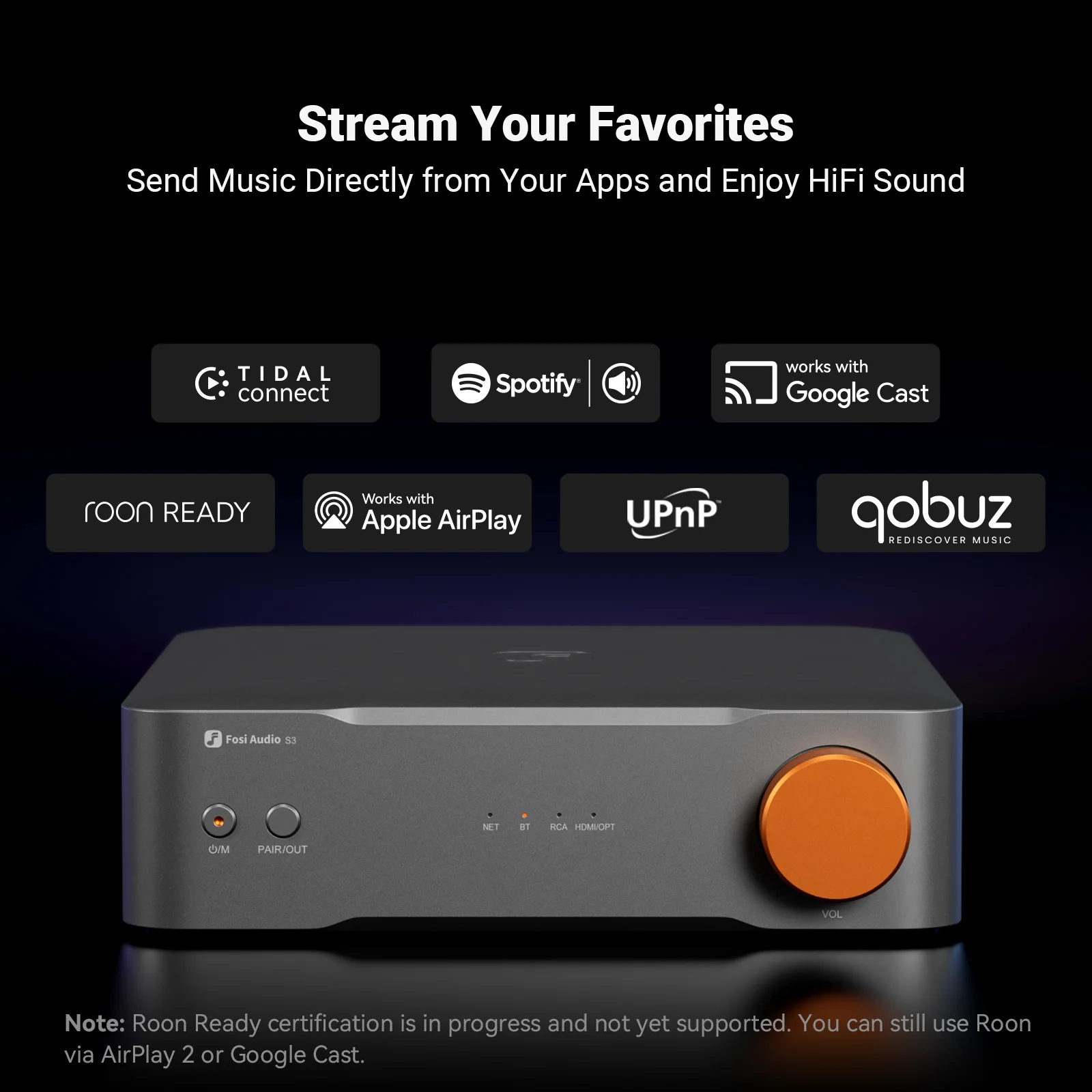Fosi Audio S3 HiFi Music Streamer Bluetooth 5.3 AKM4493SEQ DAC Preamp Network Music Player Compatible with AirPlay2, Google Cast