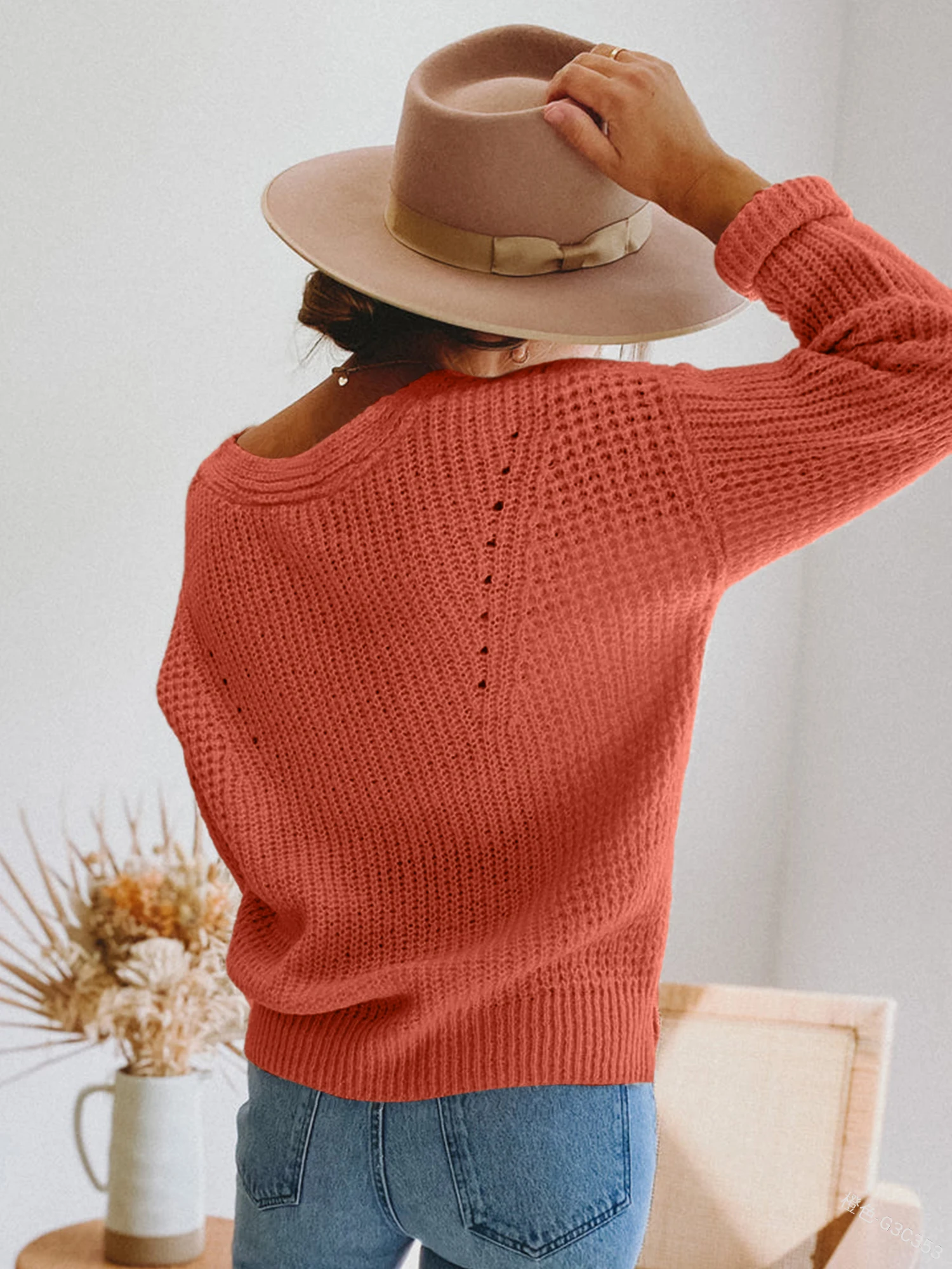 V-Neck Solid Color Sweaters Women Long Sleeve Sweater Casual Loose Fitting Knitted Pullover Tops Fashion Autumn Women Clothing