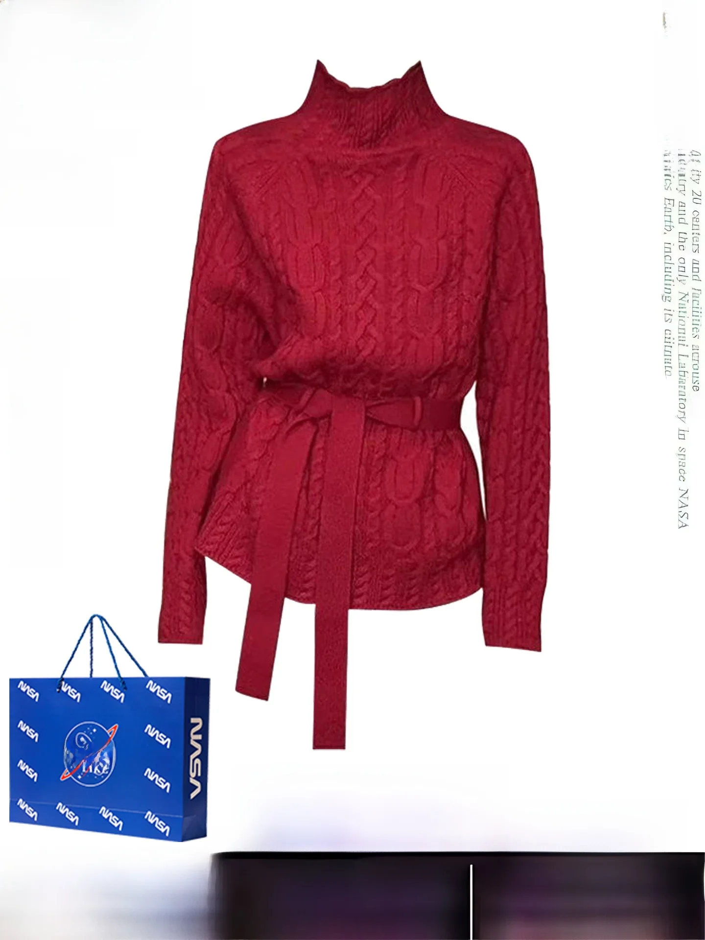 

Красный утепленный вязаный свитер с высоким воротником, женский свободный зимний базовый топ в корейском стиле с поясом и длинными рукавами