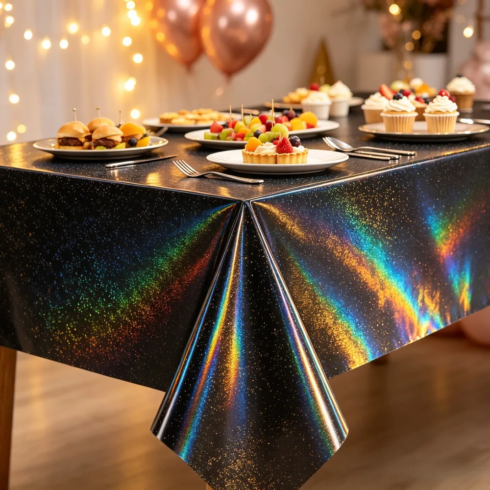 1/3/5Pcs Black Holographic Tablecloth 137×183cm Rainbow Shine Cover for Nightclub Bachelorette Dark Theme Party Decor