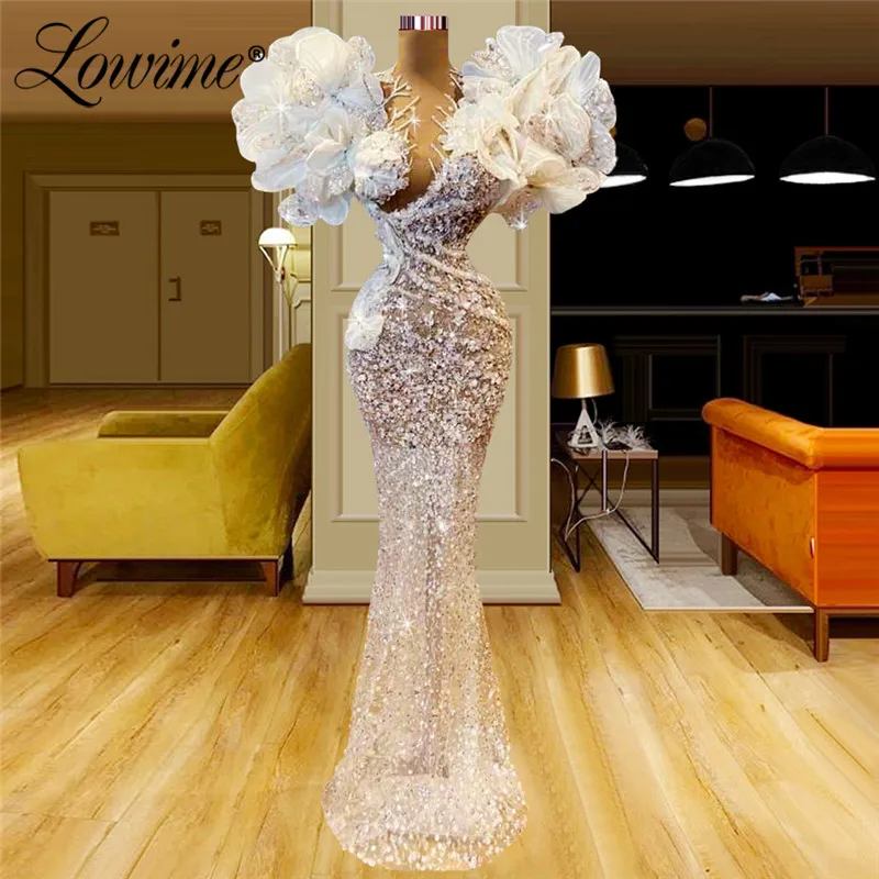 2022 New Arrival Long Mermaid Flower Evening Dresses Couture Plus Size Illusion Beads Wedding Party Dress Celebrity Prom Dresses