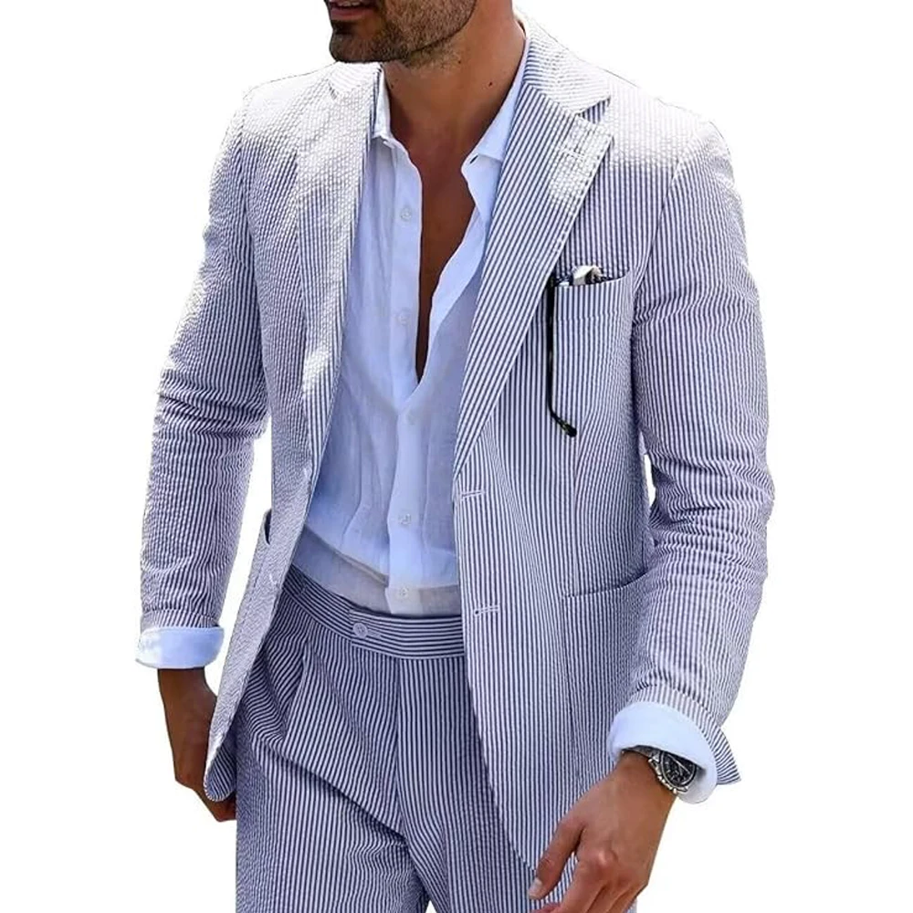 Summer Men Suits 2 Pieces Seersucker Notched Lapel Wedding Party Suit Jacket Pants Casual 2 Button Slim Fit Suits for Men