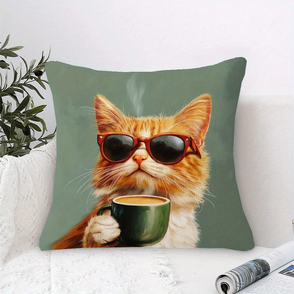 Cool Cat with Coffee Mug Pillowcase, Funny Animal Cushion Cover, Hipster Cat Art Decor for Living Room Bedroom Sofa