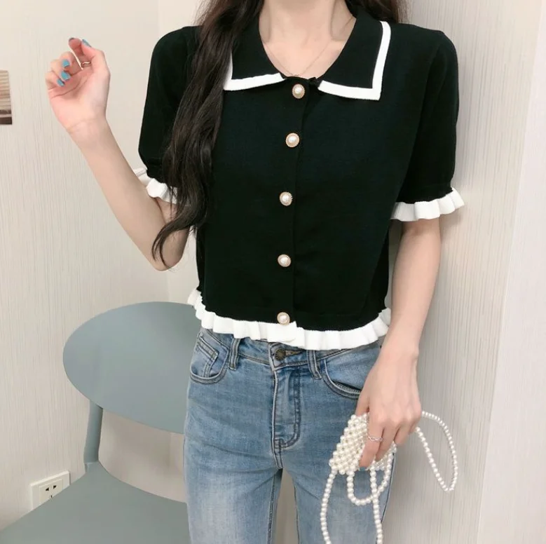 Spring/Summer New Retro Turn-down Collar Short Sleeve Slim Fit Single Breasted Knitted T-shirt For Women