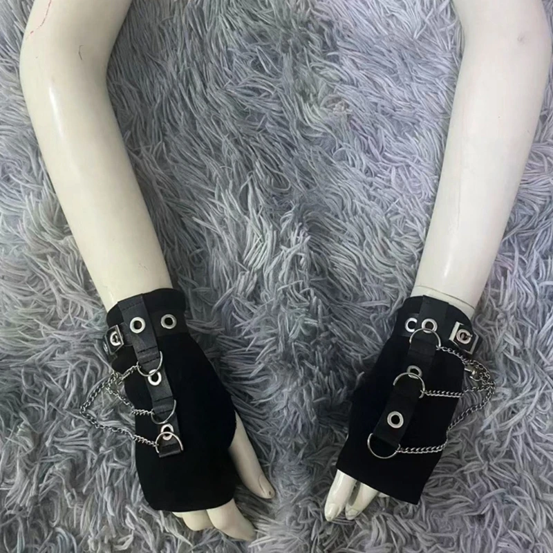 Black Wrist Cuffs With Metal Detail Fingerless Gloves Stretch Arm Cuffs With PU Strap Accents for Festival Styling and Daily