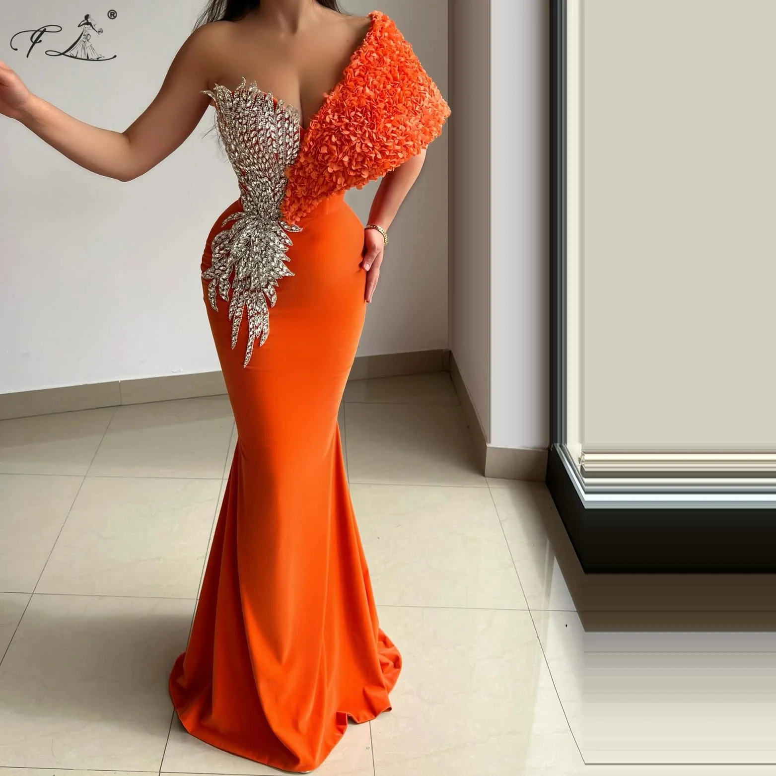 Kristall Meerjungfrau Kleid Orange Asymmetrische Schulter Abendkleid Sexy Tiefem V Cocktail Prom Kleid Party Urlaub Kleid Anpassbare