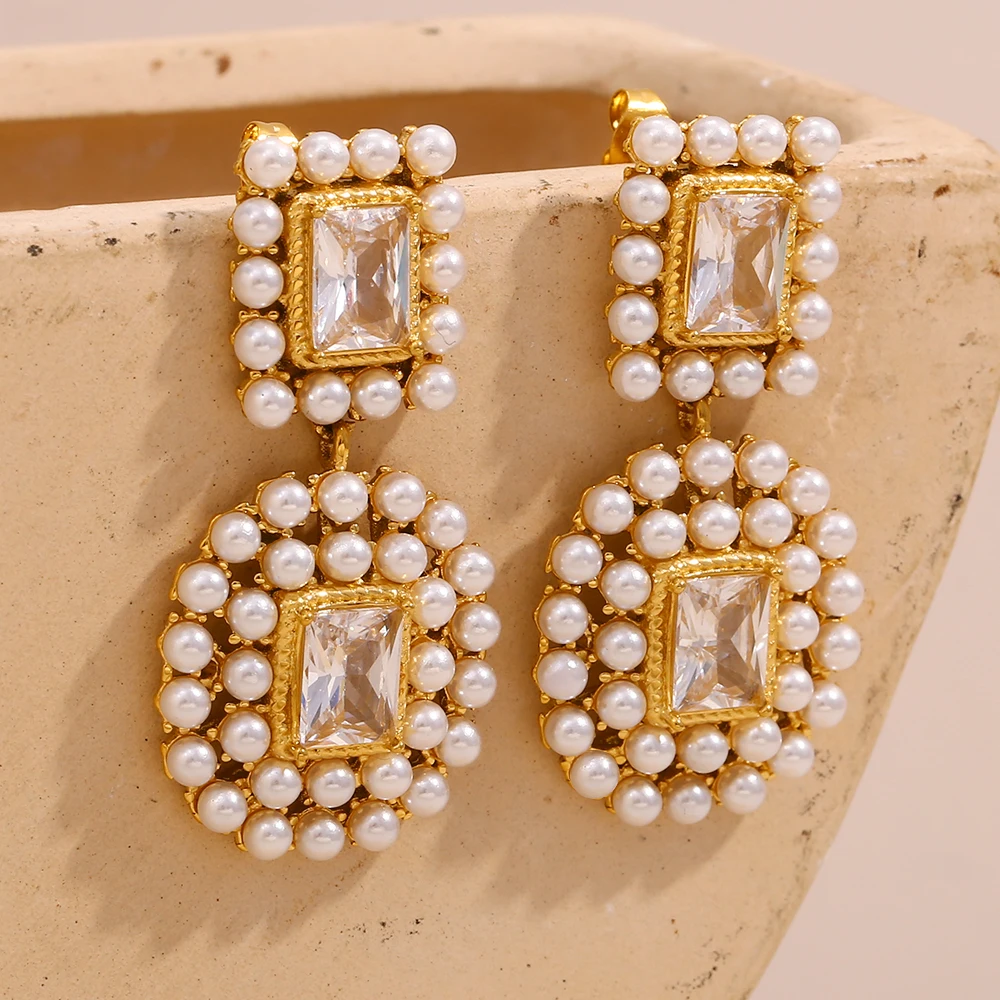 E.B.belle Fashion 18K Gold Plated Luxury Spliced Square Zircon Full Pearl Stud Earrings Women Party Chic Jewelry Non Tarnished