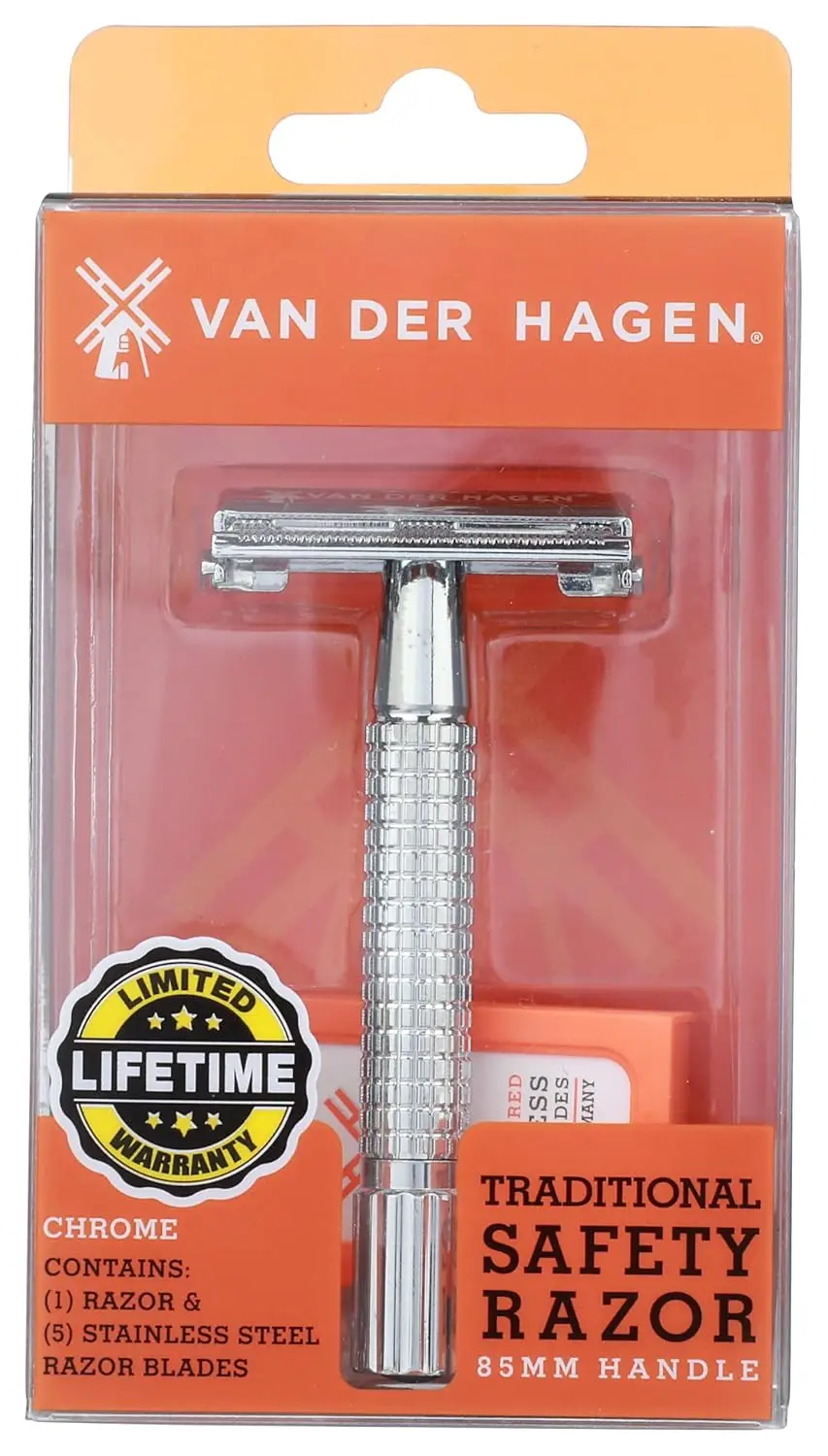 Men's Traditional Safety Razor Kit with 5 Blades, Chrome Finish for Close Shave