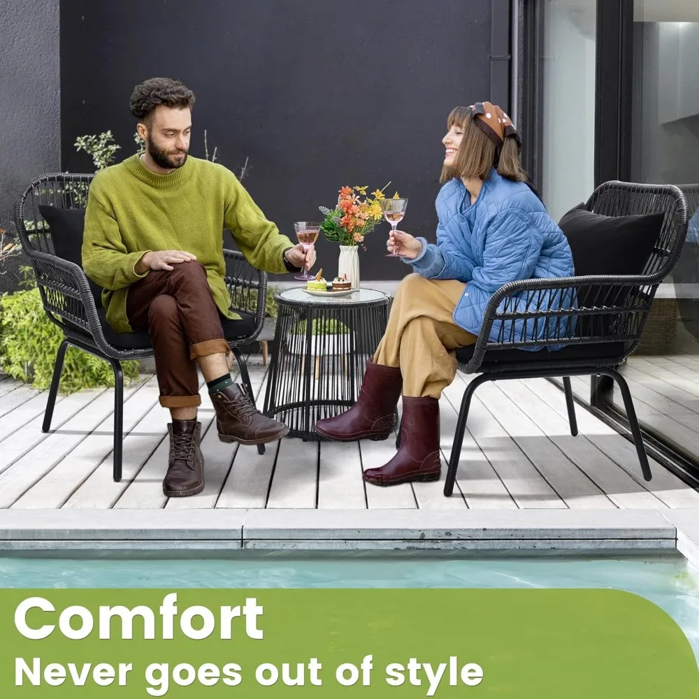 3 Piece Rattan Wicker Bistro Set, Outdoor Conversation Furniture Set with Glass Top Table, Space Saving for Balcony, Backyard