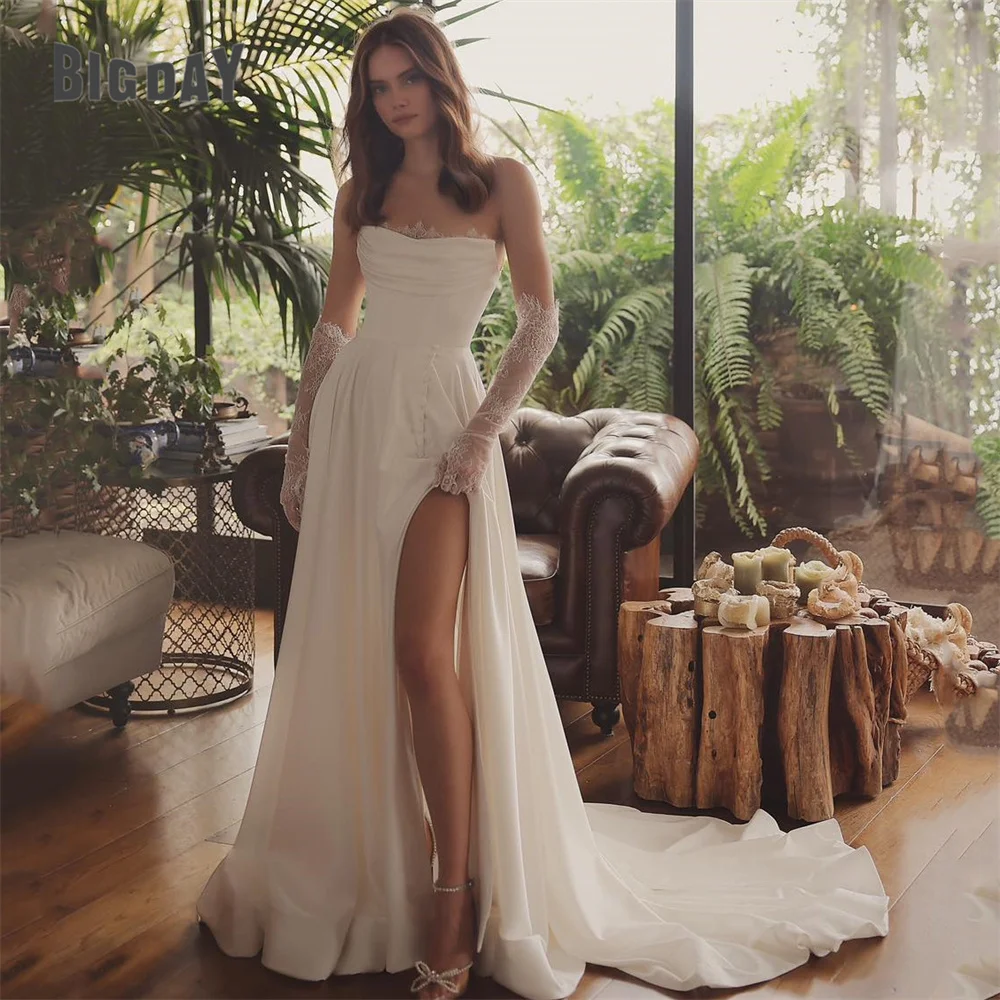 

BIGDAY Pleat Boat-Neck A-Line Lace Wedding Dress Women 2025 High Side Split Open Back Bridal Gown Vestidos De Noiva Customized