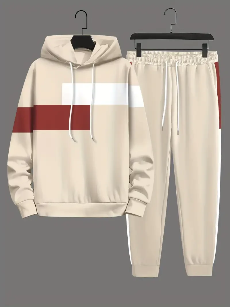 2-piece Color Block Men\'s Casual Tracksuit Set Casual Long Sleeve Drawstring Hoodie+ Jogging Pants Set Gym Running suits