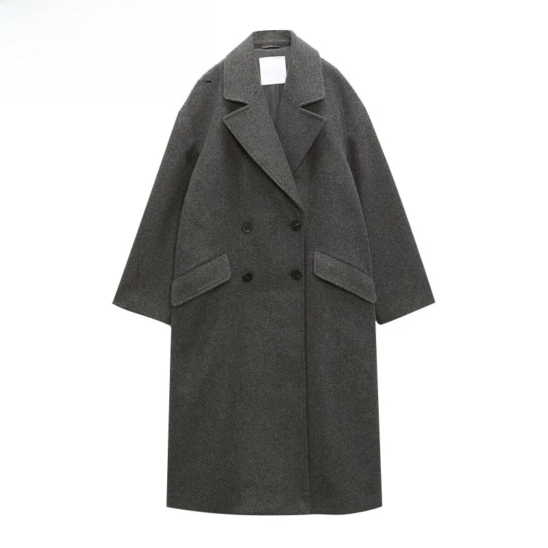 

Ele Loose Tailored Coat for Women Autumn Winter New Sle Double Breasted Long Sve Pure Color Commute Faion Outerwear