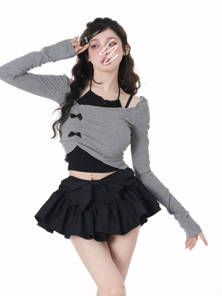 Korean Fashion 2 Piece Set Skirt Slim Y2k Crop Tops Casual Vintage Black Mini Skirt Kawaii Sweet Suit Woman 2023 Summer Chic