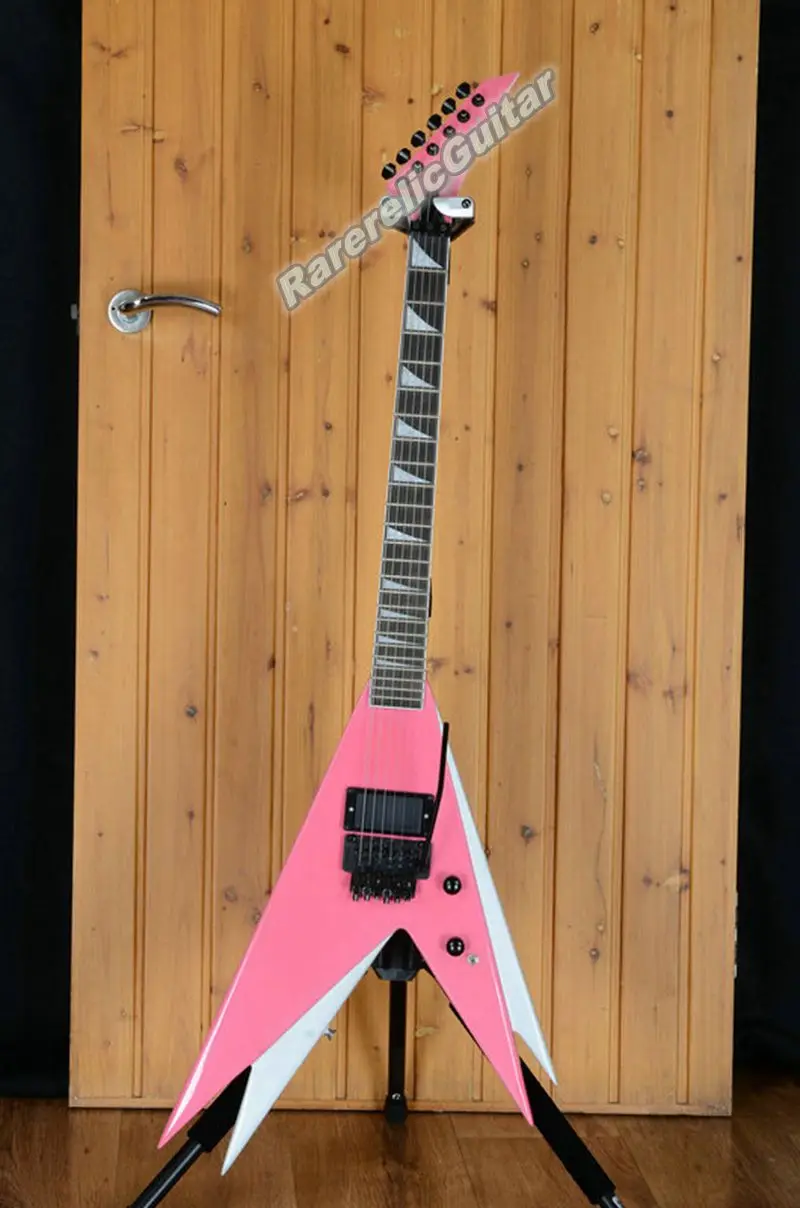 Promotion Vinnie Pink Double V Electric Guitar Silver Shadow Fins  Jumbo Frets Floyd Rose Tremolo Bridge Locking Nut