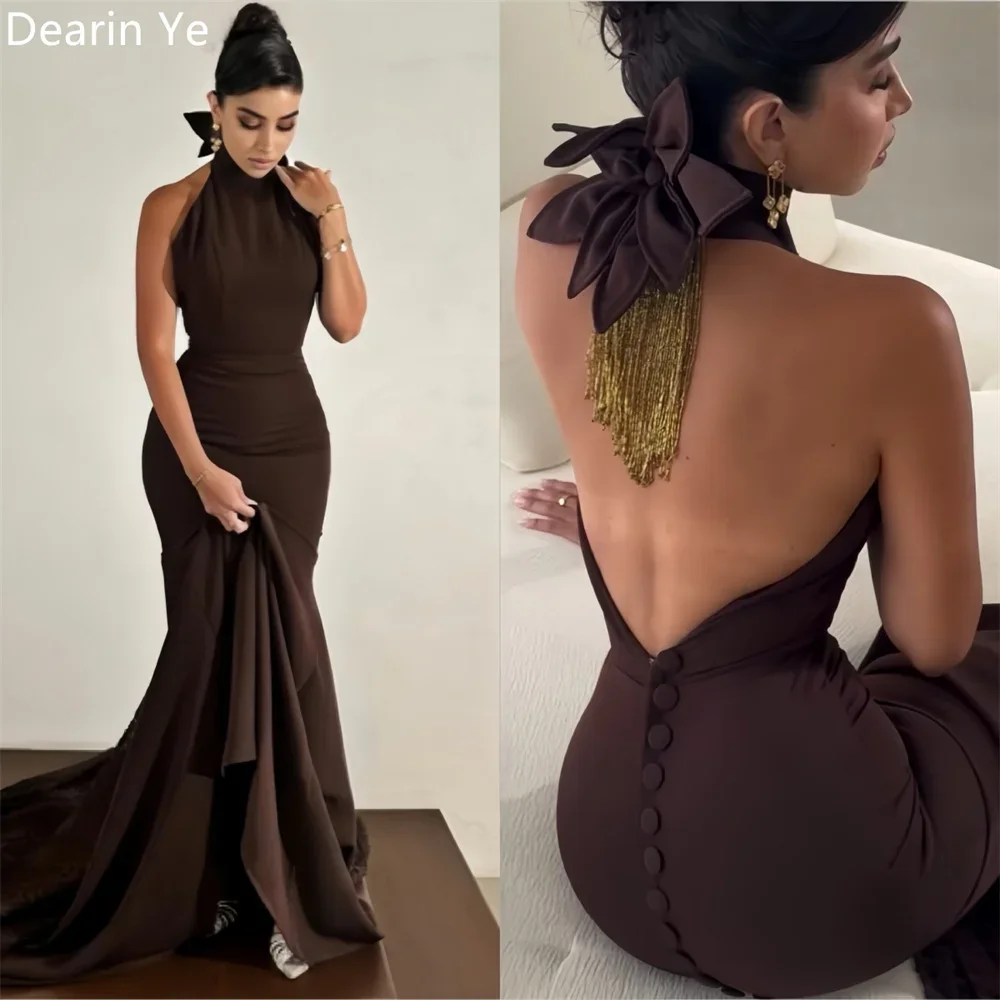 Customized Prom Gown Dearin Halter Mermaid Floor Length Open Back Skirts Draped Ruffle Sleeveless Bespoke Occasion Dresses Eveni