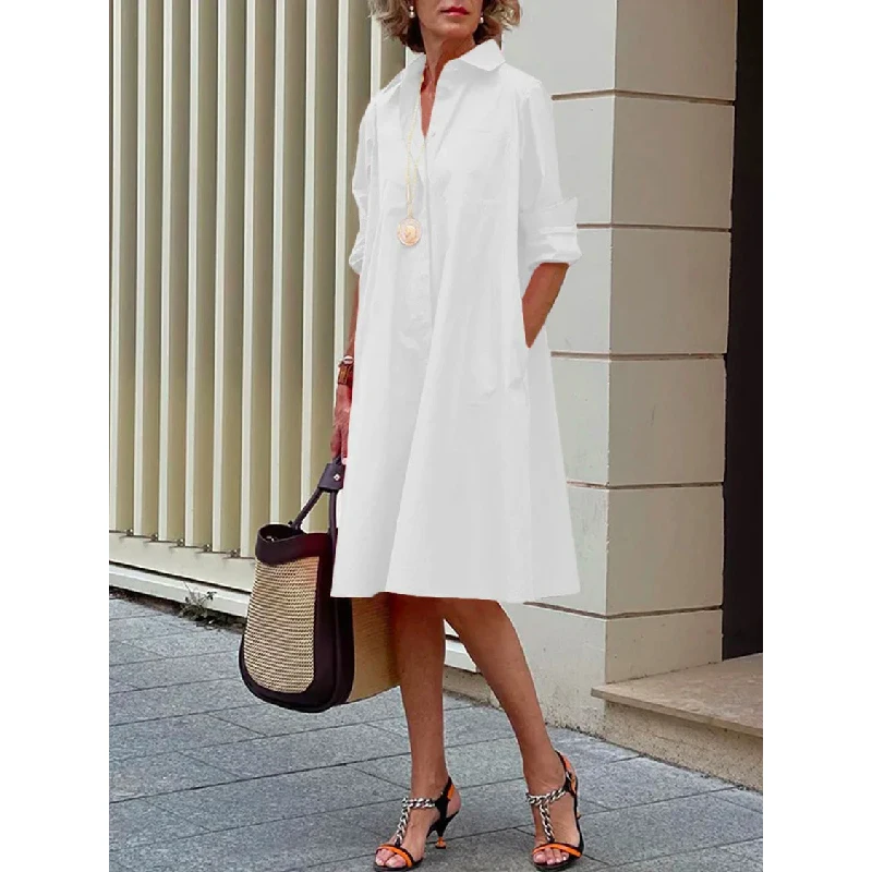 Tinaa-vestido Midi de manga larga para mujer, traje elegante de Color liso, con solapa, informal, para verano, 2024