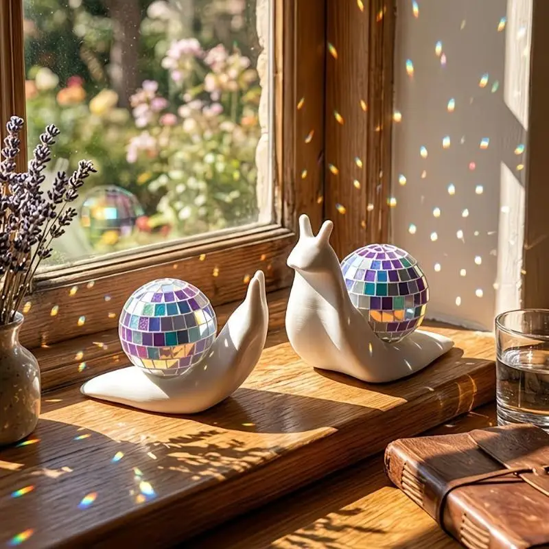 1/2 Pcs Miniature Snail Disco Ball Sun Catcher Retro Style Animal Figurines Mirror Ball Light Refraction Light Spot Abstract