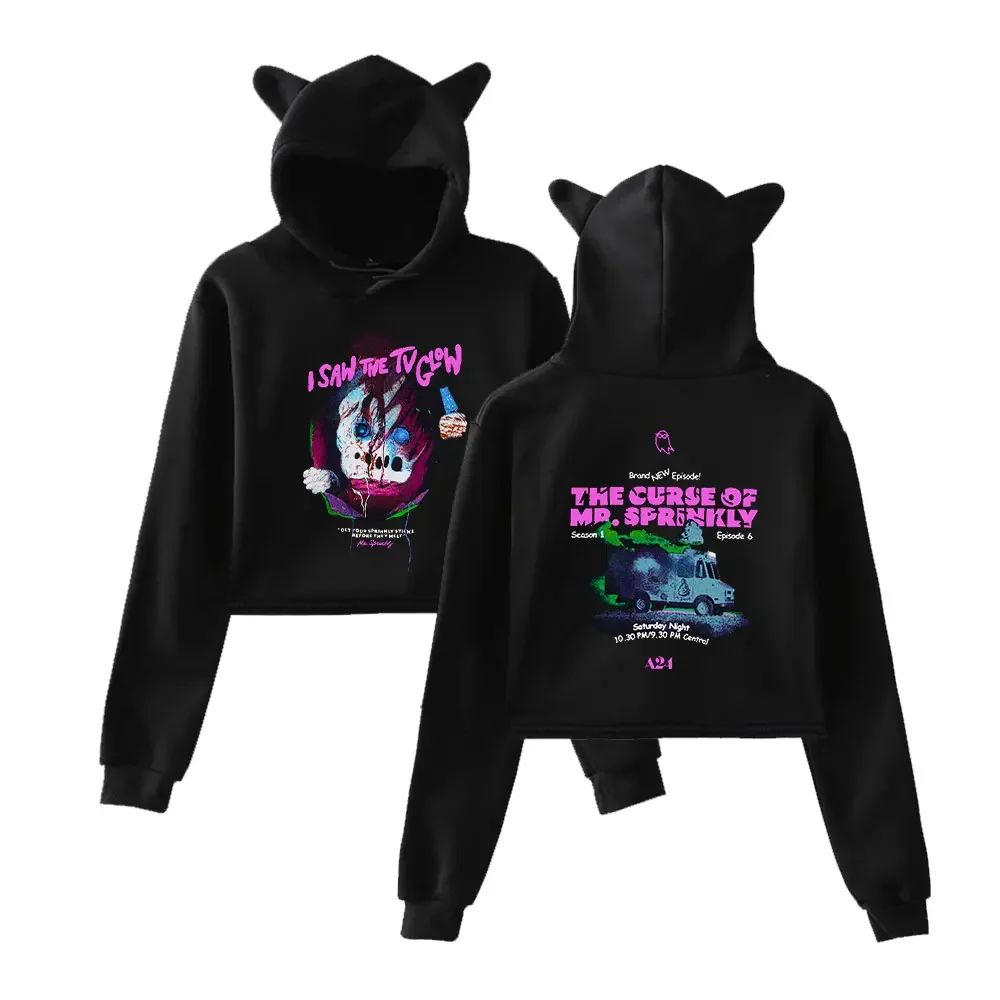 Horror Movie I Saw The TV Glow Merch Crop Top Hoodie Women Hip Hop Streetwear Kawaii Cat Ear Harajuku Hooded Cropped Sweatshirt