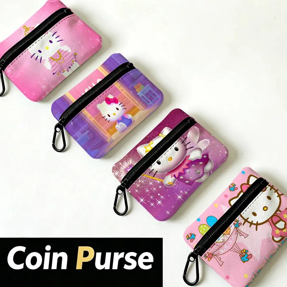 H-Hello-Kitty Iconic-Kawaii Lightweight Oxford Fabric Coin Purse Carabiner Hook Design Mini Card Key Organizer Bag