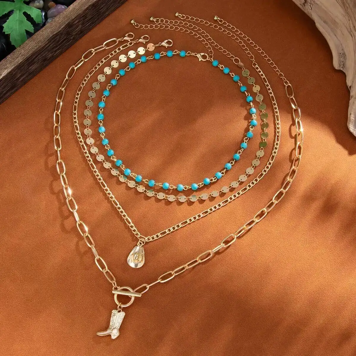 

SHIXIN 4 Pcs/Set Trendy Multilayer Stackable Choker Necklace for Women Ethnic Style Cowboy Hat Boots Pendant Necklace Vintage