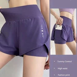 Shorts de sport élastiques pour femmes, pantalons courts taille haute avec poches, faux leggings de yoga deux pièces, shorts de course et d'entraînement