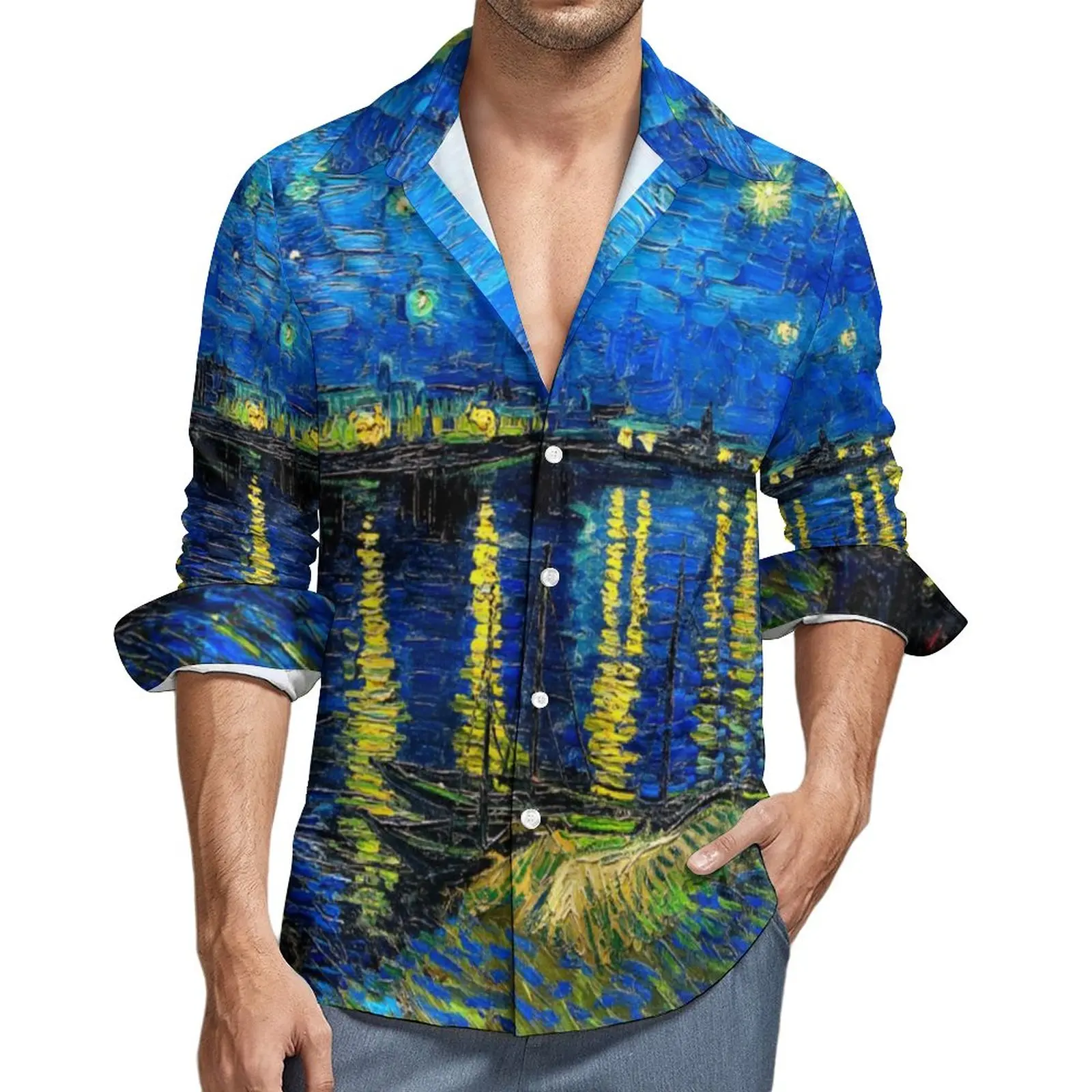 Van Gogh Casual Shirts Men Starry Night Over The Rhone Shirt Long Sleeve Trending Y2K Blouses Autumn Graphic Clothing Plus Size