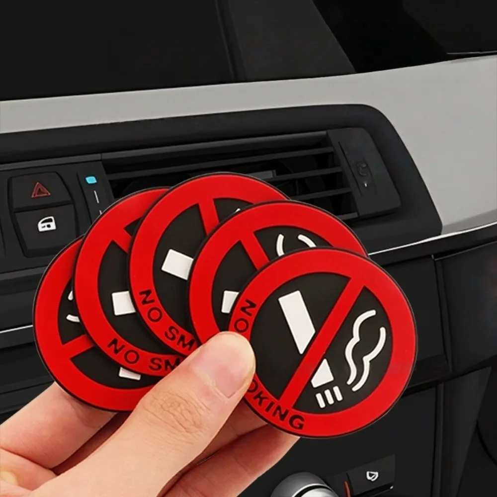 5pc No Smoking Sign Car Safety Label Stickers Plastic Round Red Sign Self Adhesive Sticker Multi Purpose for Automotive Supplies