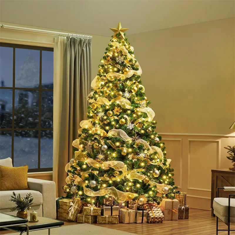 9ft Artificial Christmas Tree , Snow Flocked Full Prelighted Xmas Tree with 2084 Branch Tips, 900 Incandescent Lights