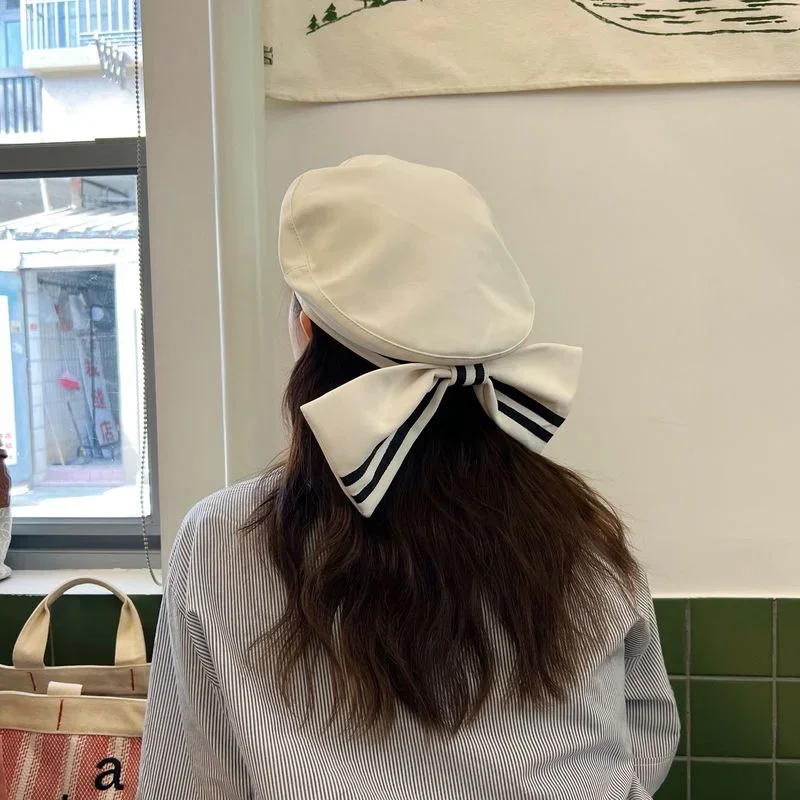 Oversized Bow Beret for Women 2022 Summer Ins Popular Striped Designer Berets Hat Niche Painter Cap Japanese Sailor Hats