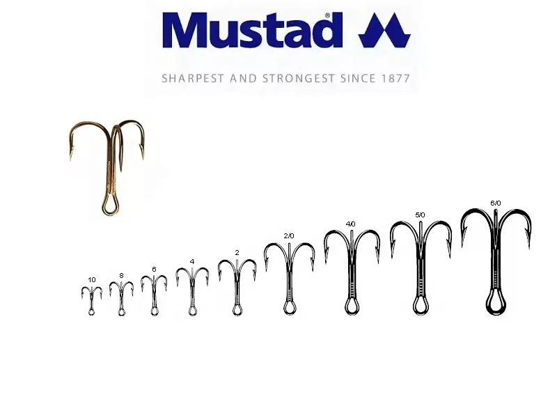 Mustad 3551 خطافات صيد كلاسيكية ذات قوة قياسية ثلاثية معالجة خطافات ثلاثية أشقر ذهبي من النيكل البرونزي