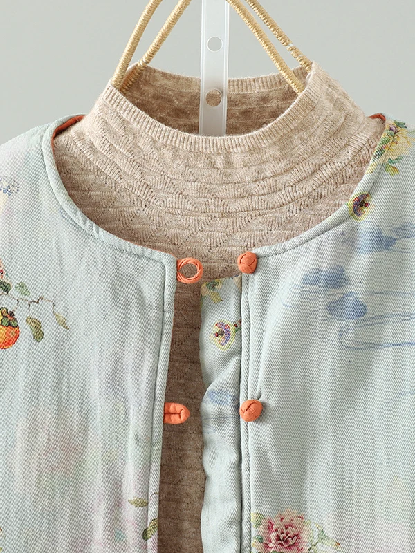 Nowy chiński płaszcz zimowy damski z bawełny i lnu, z artystycznym nadrukiem, zapinany na guziki, ciepły, luźny, uniwersalny, dwustronny...