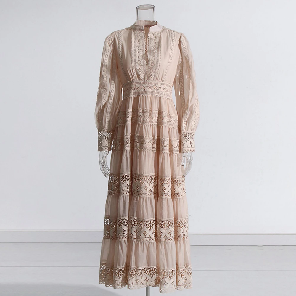 TWOTWINSTYLE Hollow Out Elegant Dresses For Women Round Neck Long Sleeve High Waist Patchwork Embroidery Solid Dress Female 2024