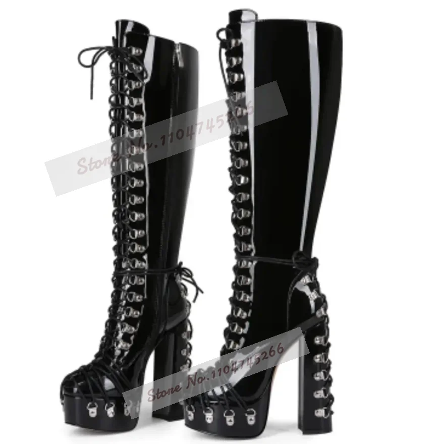 

Black Glossy Patent Leather Chunky Heel Knee High Boots Strange Block Heels High Platform Metal Buckles Lace-Up Tall Boots