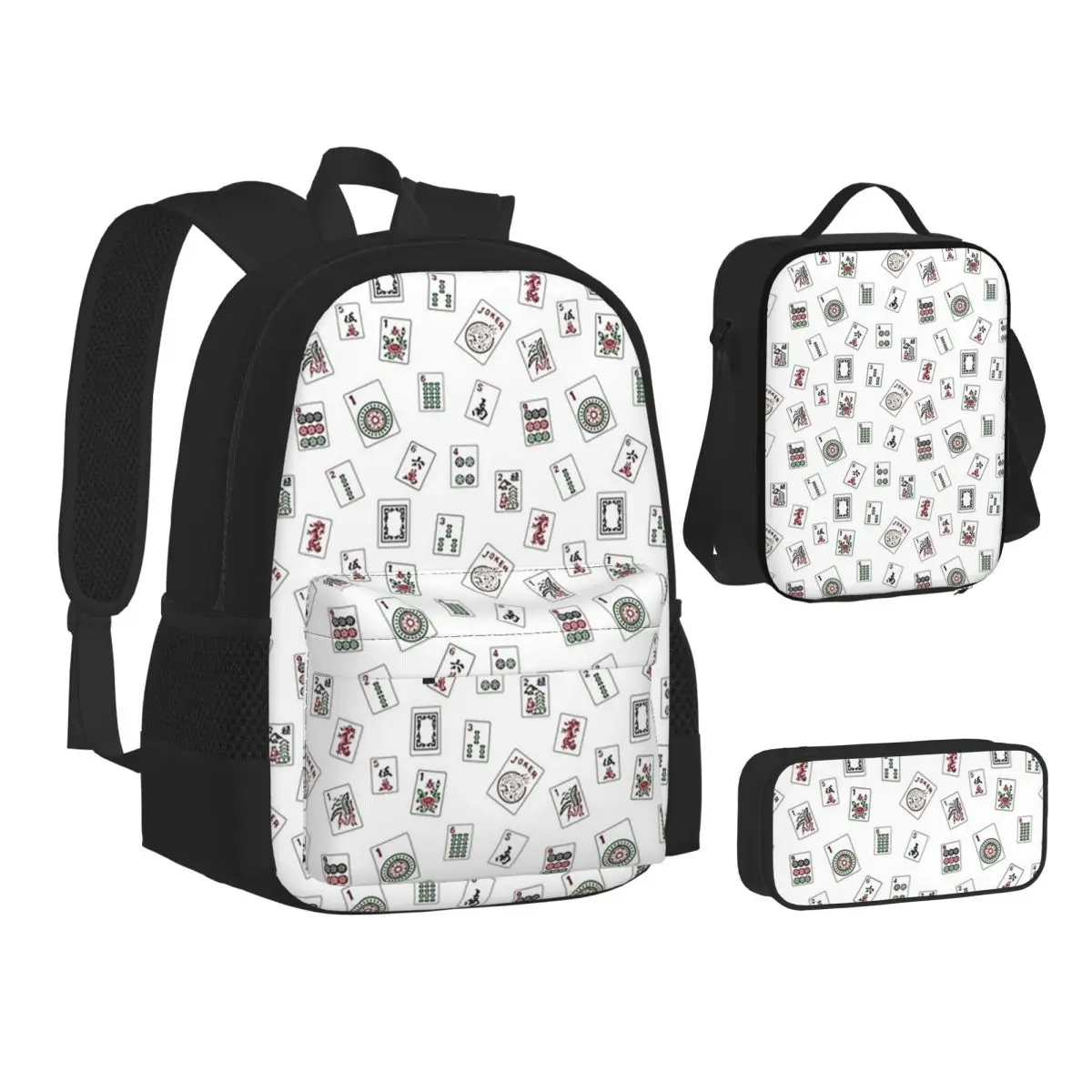 

White Mahjong Backpacks Boys Girls Bookbag Students School Bags Kids Rucksack Lunch Bag Pen Bag Three-Piece Set
