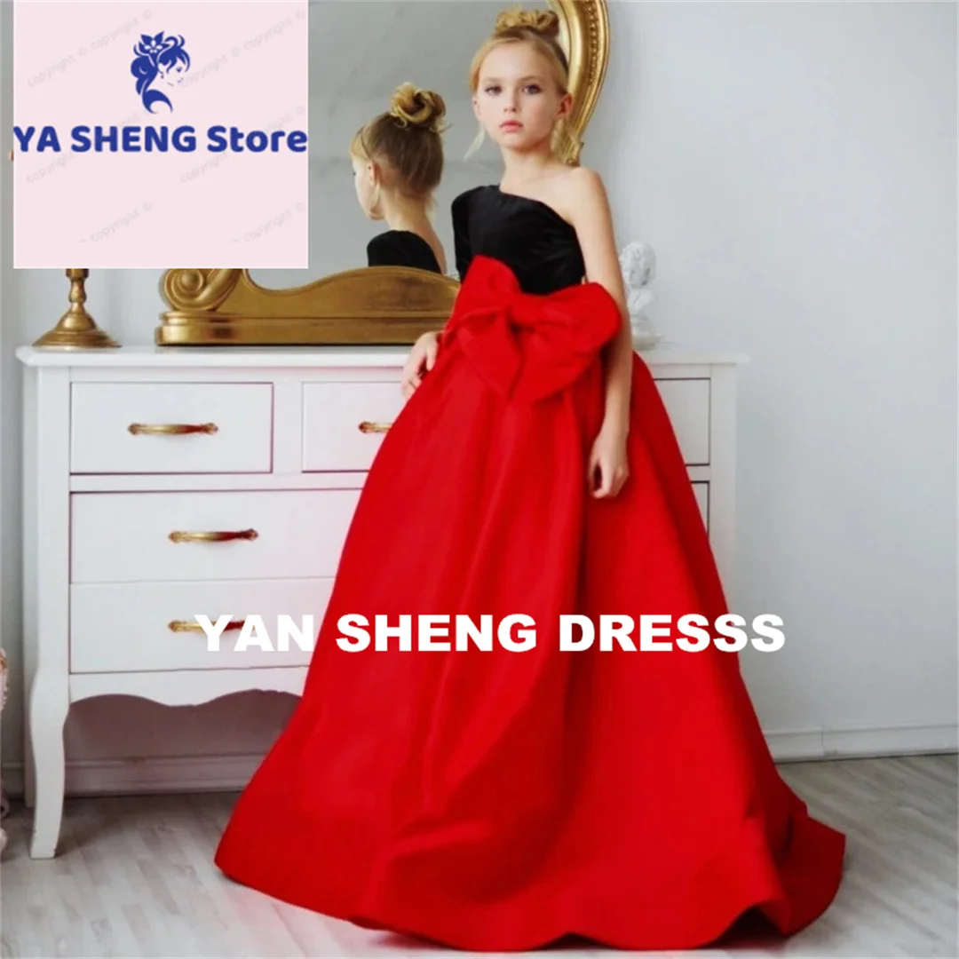 

Customized Flower Girl Dresses White Red Satin With Bow Single Shoulder Sleeveless For Wedding Birthday Party Banquet Princess G